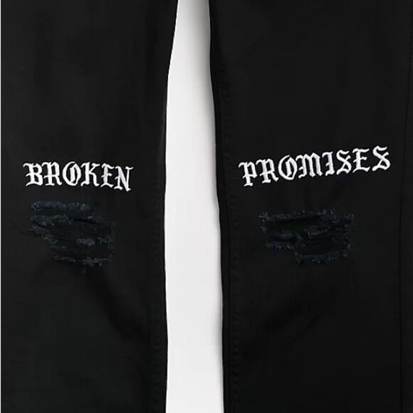 Broken Promises Distressed Skinny Jeans with White Text - Picture 7 of 7